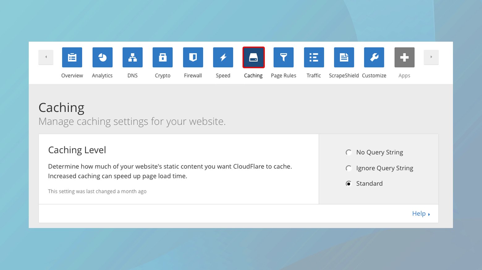 Cloudflare dashboard with caching tab selected.