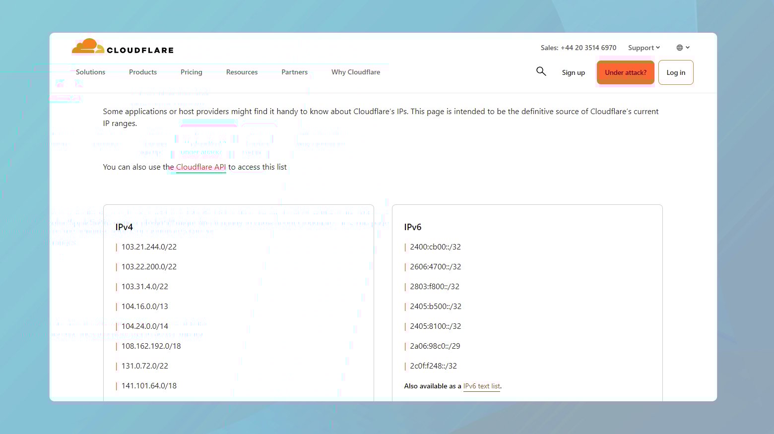 Cloudflare's IP address page where IPv4 and IPv6 IPs are listed.