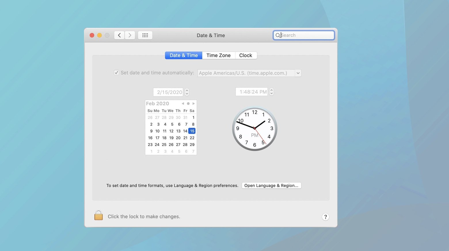 Date and time page in Mac settings