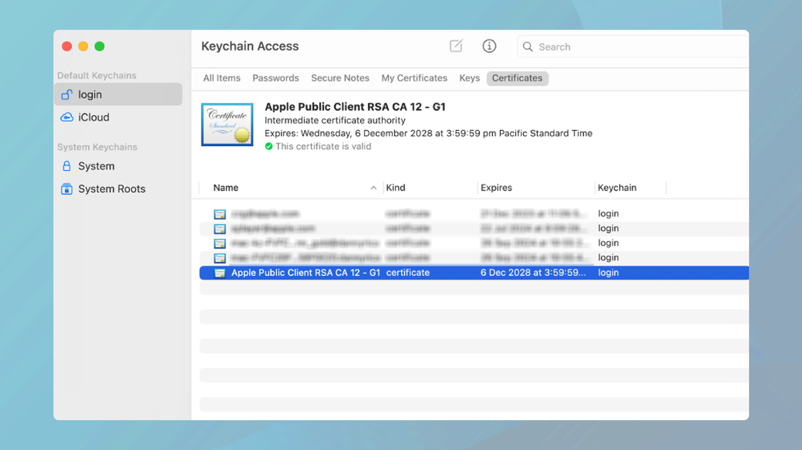 Mac Keychain access with certificates tab open.