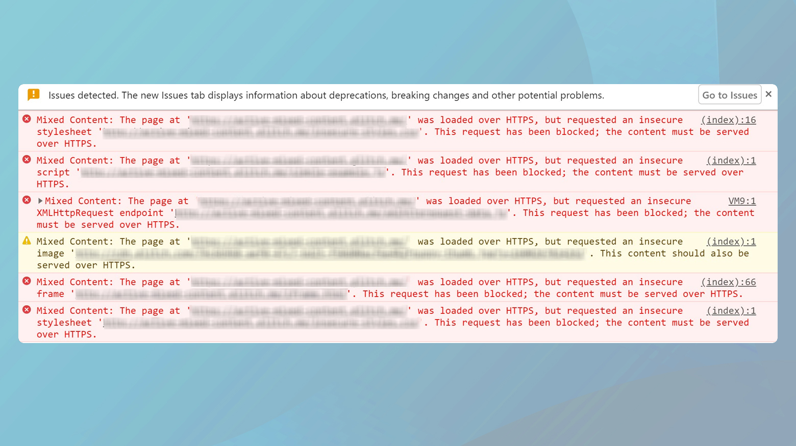 Advertencia de contenido mixto en el inspector  