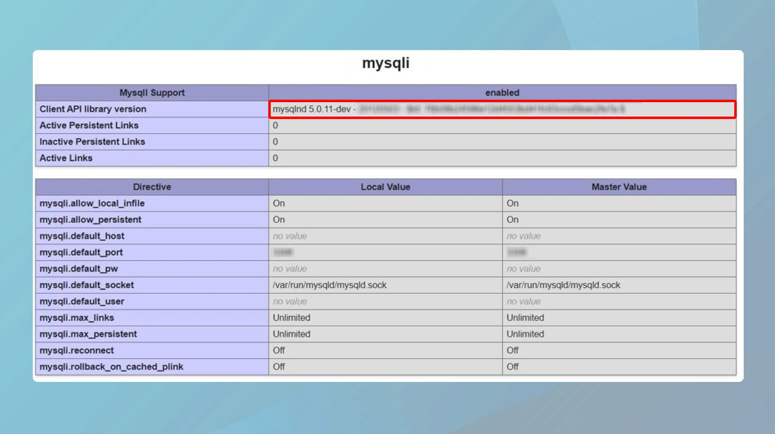 PHP information file with mySQL highlighted