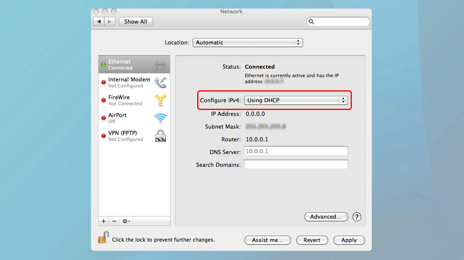 Mac network settings set on DHCP