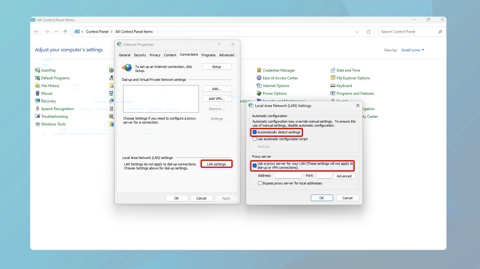 Windows proxy settings window.