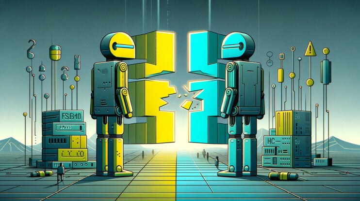 Two robots one blue the other yellow representing the metaphorical handshake failure.