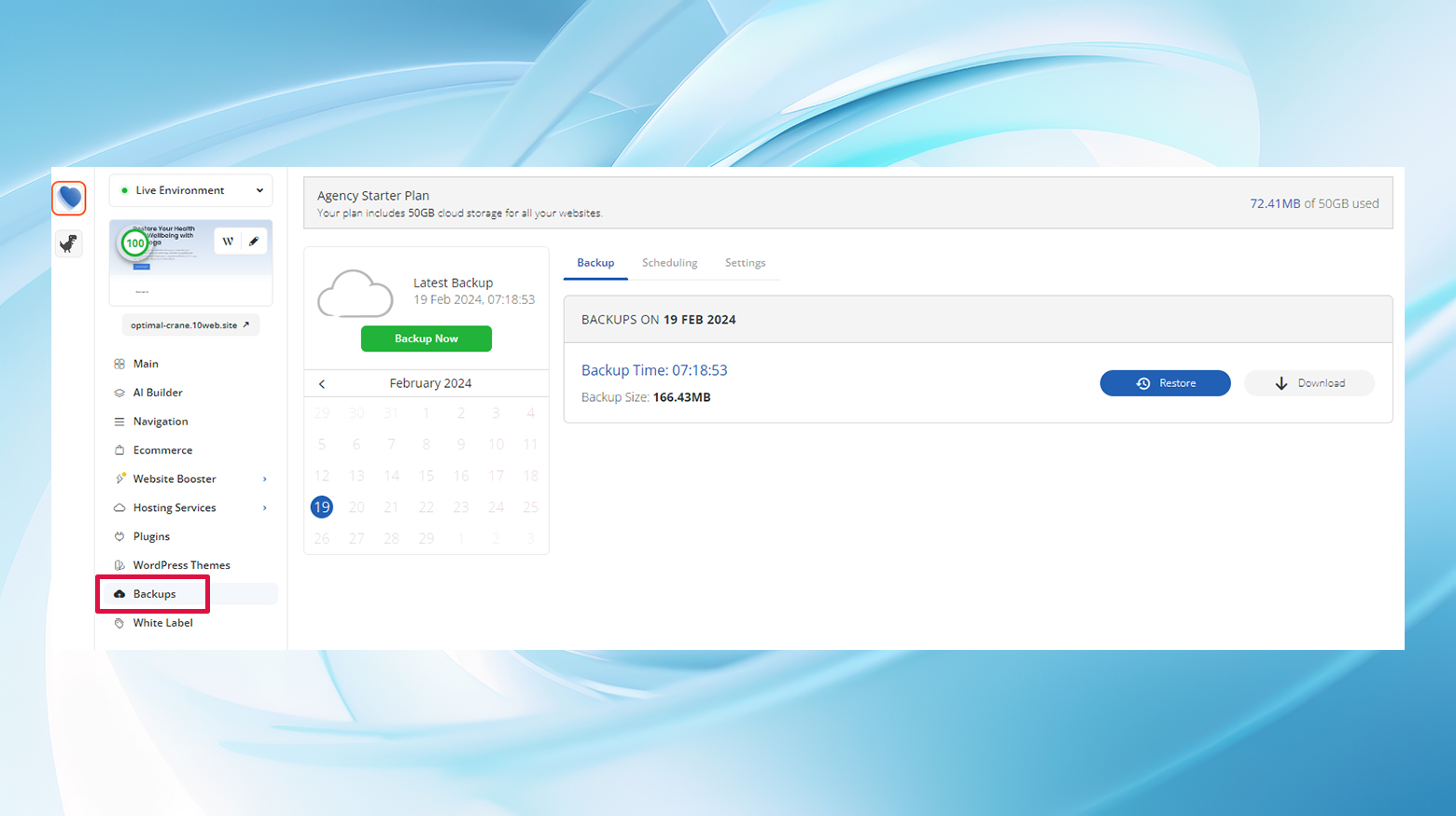 Backups as displayed in 10Web's dashboard. You should make sure to have good backups ready if you're troubleshooting the Sorry, you are not allowed to access this page errror.