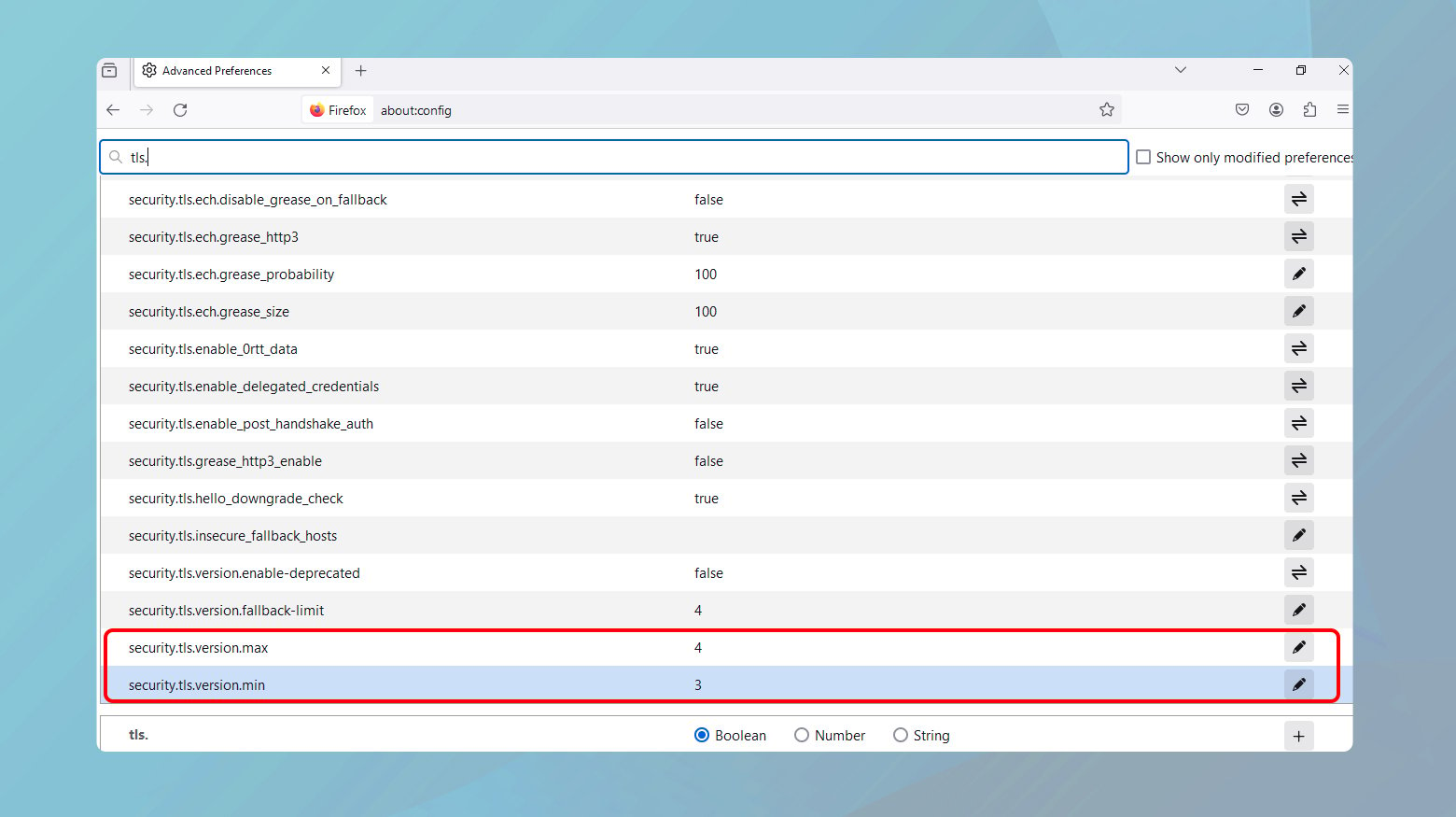 Firefox browser config with tls max and min settings highlighted