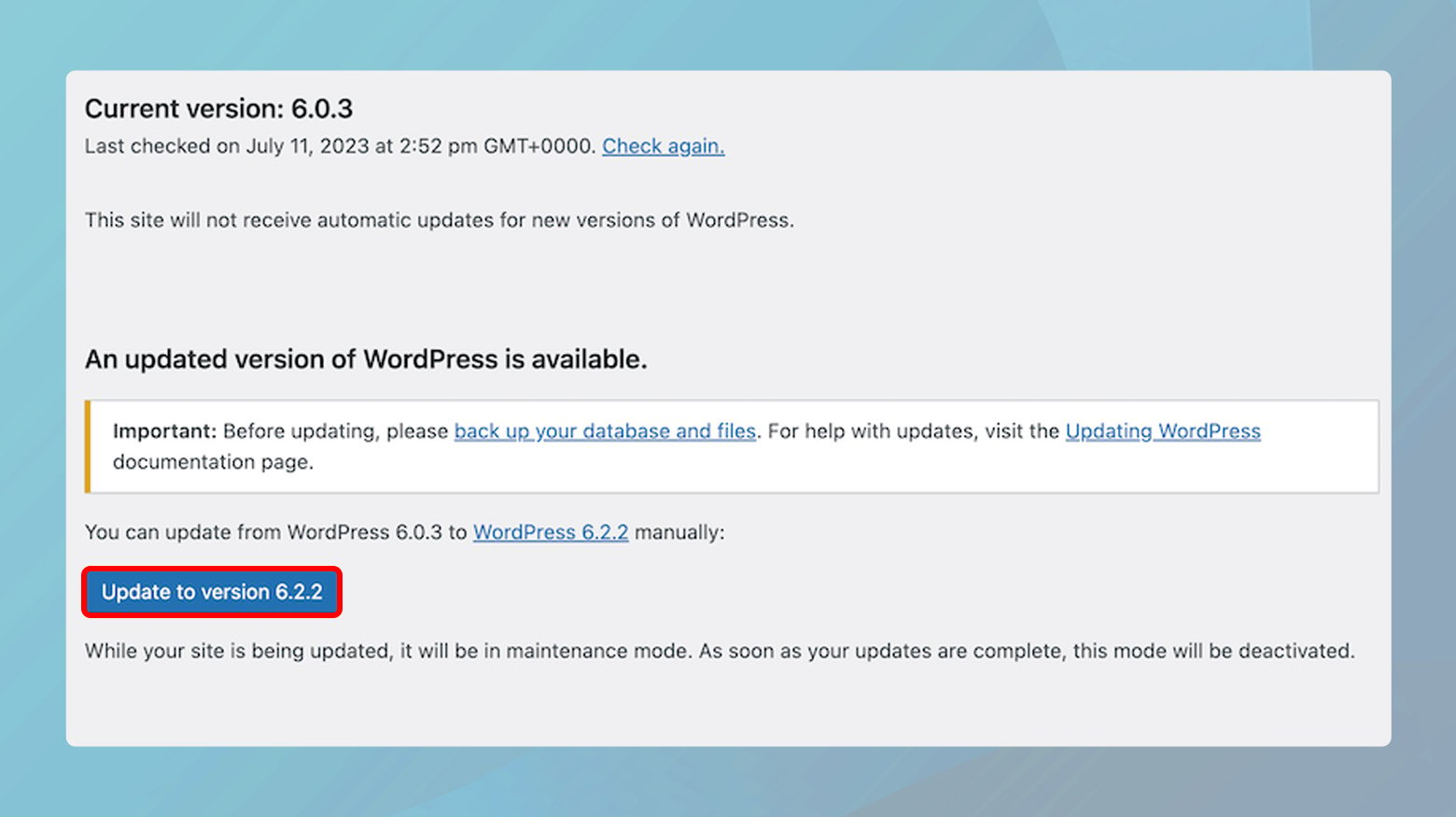 WordPress core update from the WordPress admin dashboard. 