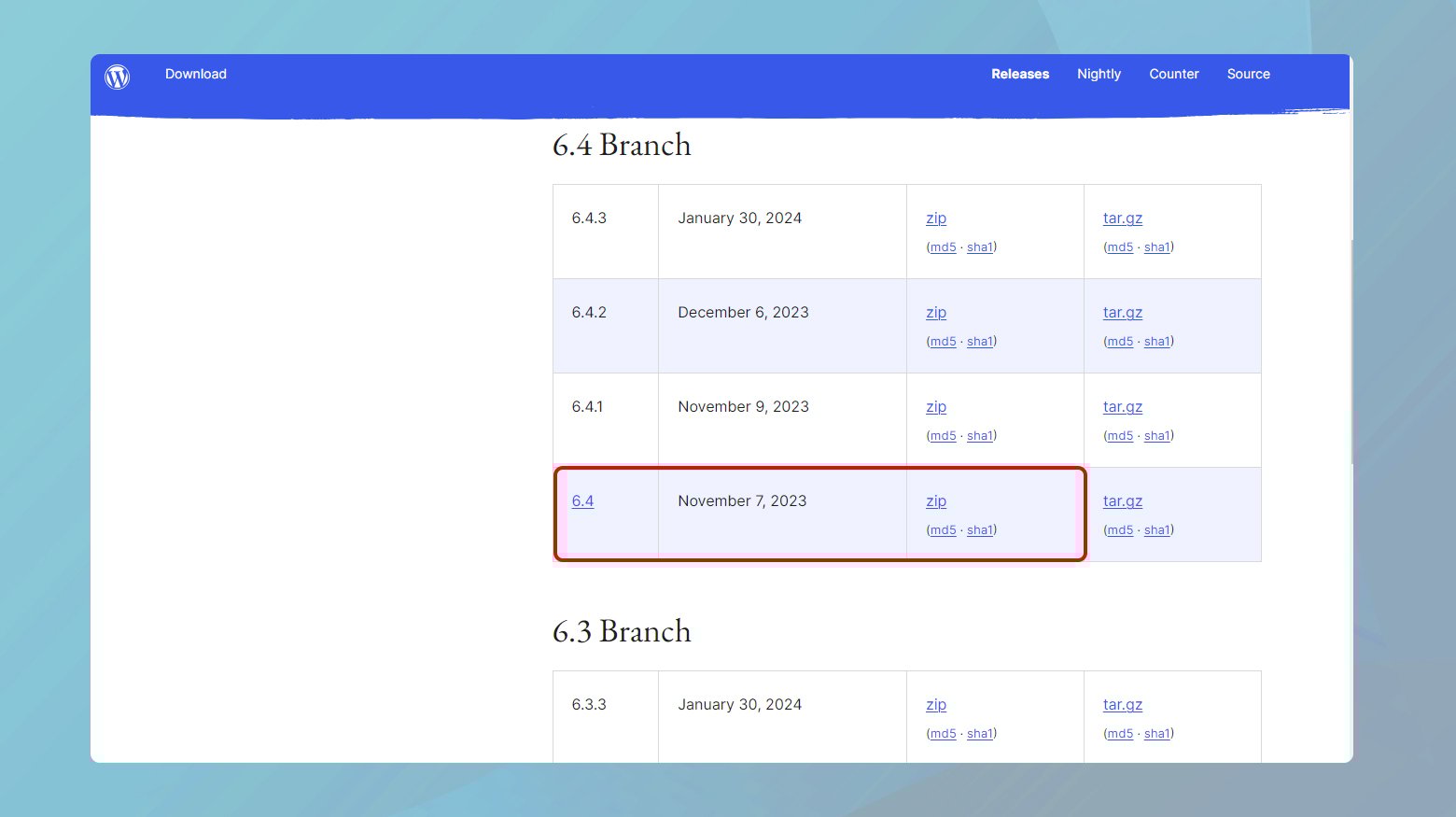 Página de archivo de versiones de WordPress con la versión antigua seleccionada.