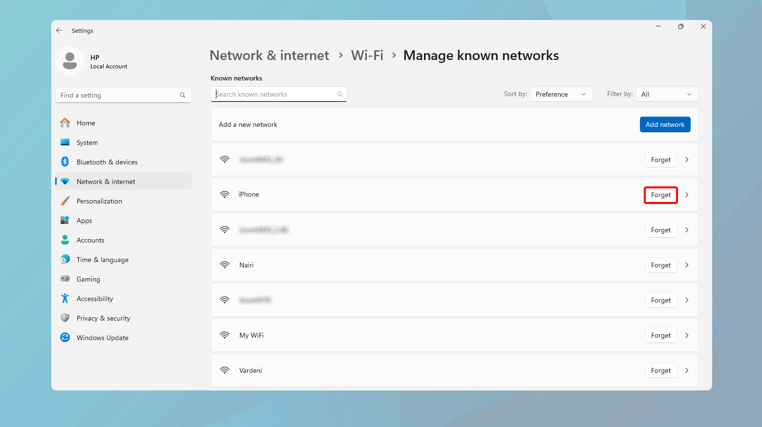 Windows network add or forget settings.