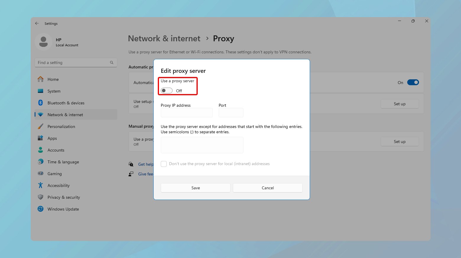 Windows settings in the proxy page with proxy server off is highlighted.