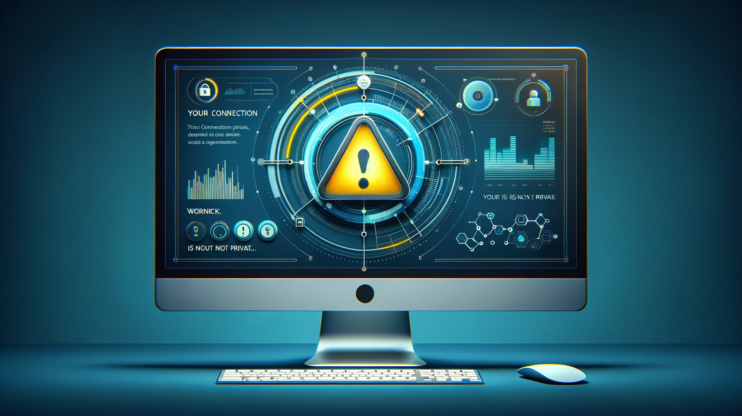 A computer screen with a warning sign that reads your connection is not private