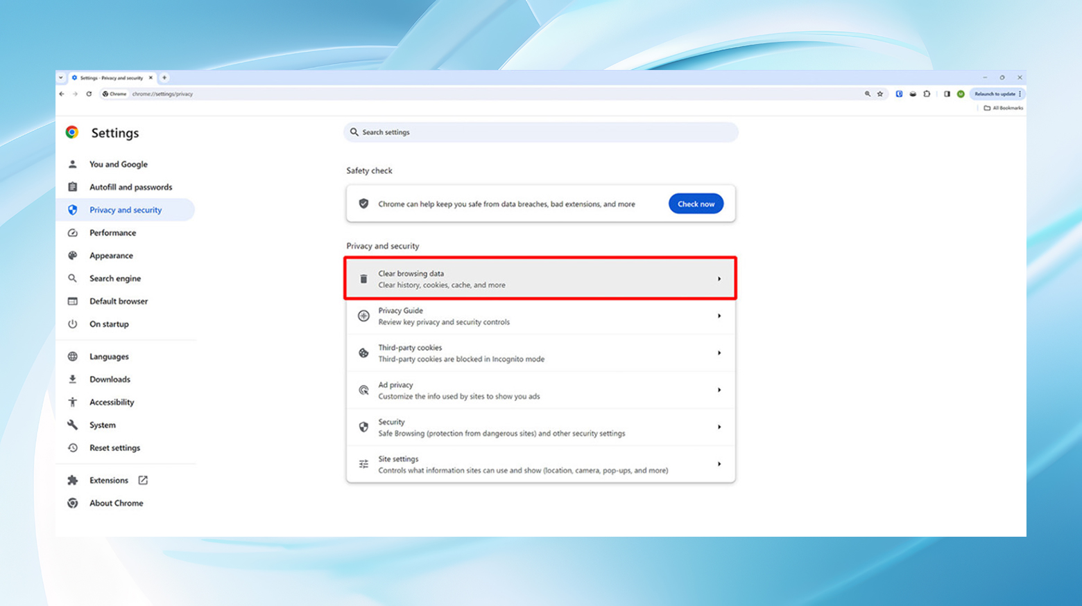 The clear browsing data section in Chrome.