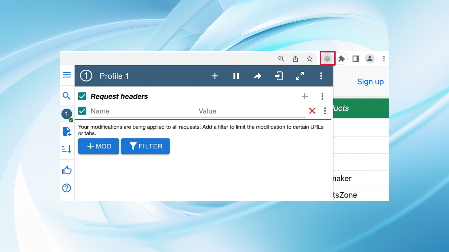 The Modheaders extension in Chrome where you can modify request headers.