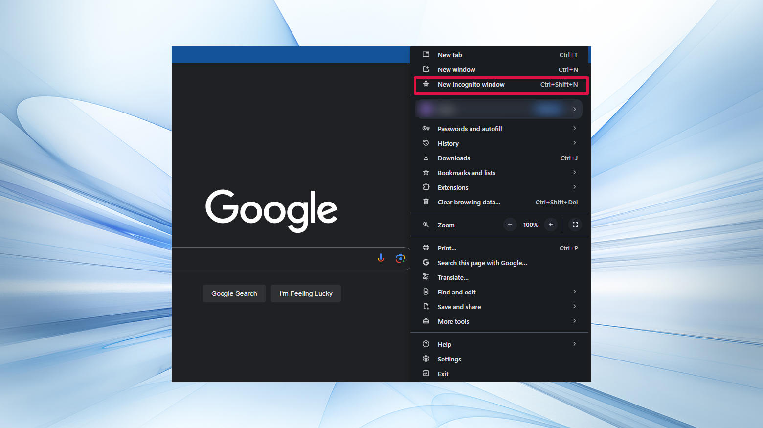 Opening a new incognito window in Chrome's kebab menu. This bypasses the cache possibly eliminating the err_empty_response error. The keyboard shortcut displays at Ctrl + Shift + N