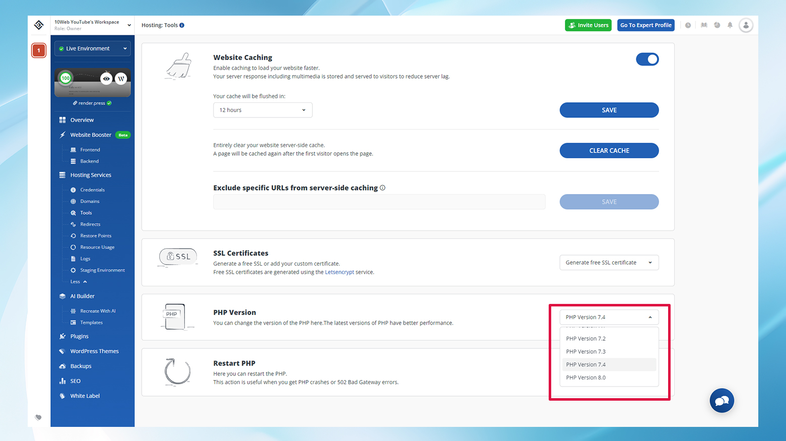 Selecting the PHP version from the 10Web dashboard's drop down menu.