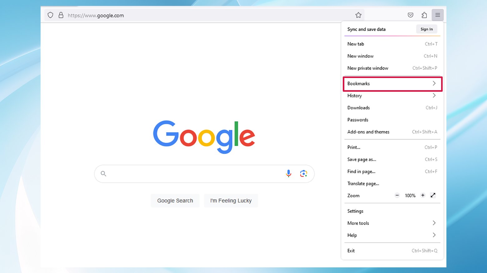Menú de Firefox mostrando la sección Marcadores.