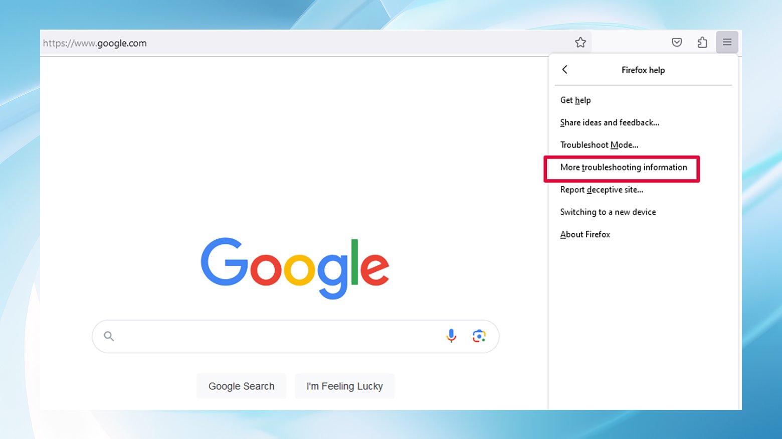 Menú de Firefox mostrando la pantalla Ayuda, más resolución de problemas.