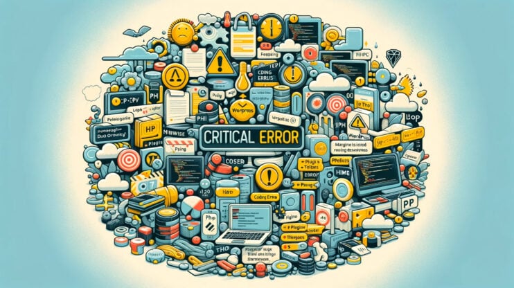 The "there has been a critical error on this website" error depicted as a cloud of caution symbols and error icons.