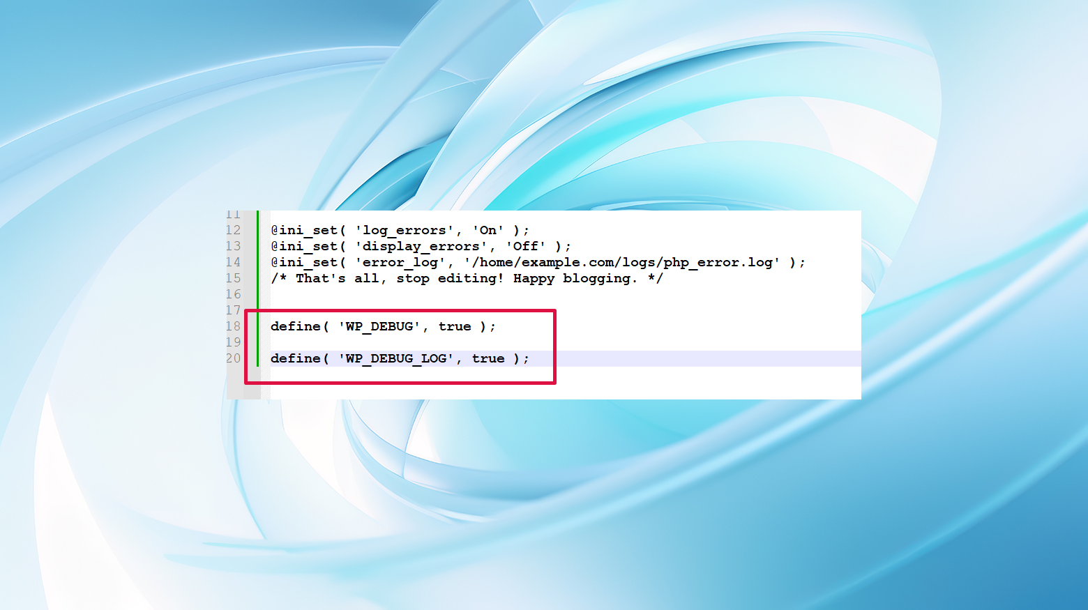 A portion of the wp-config file showing the define(WP_DEBUG true) line added with a text editor
