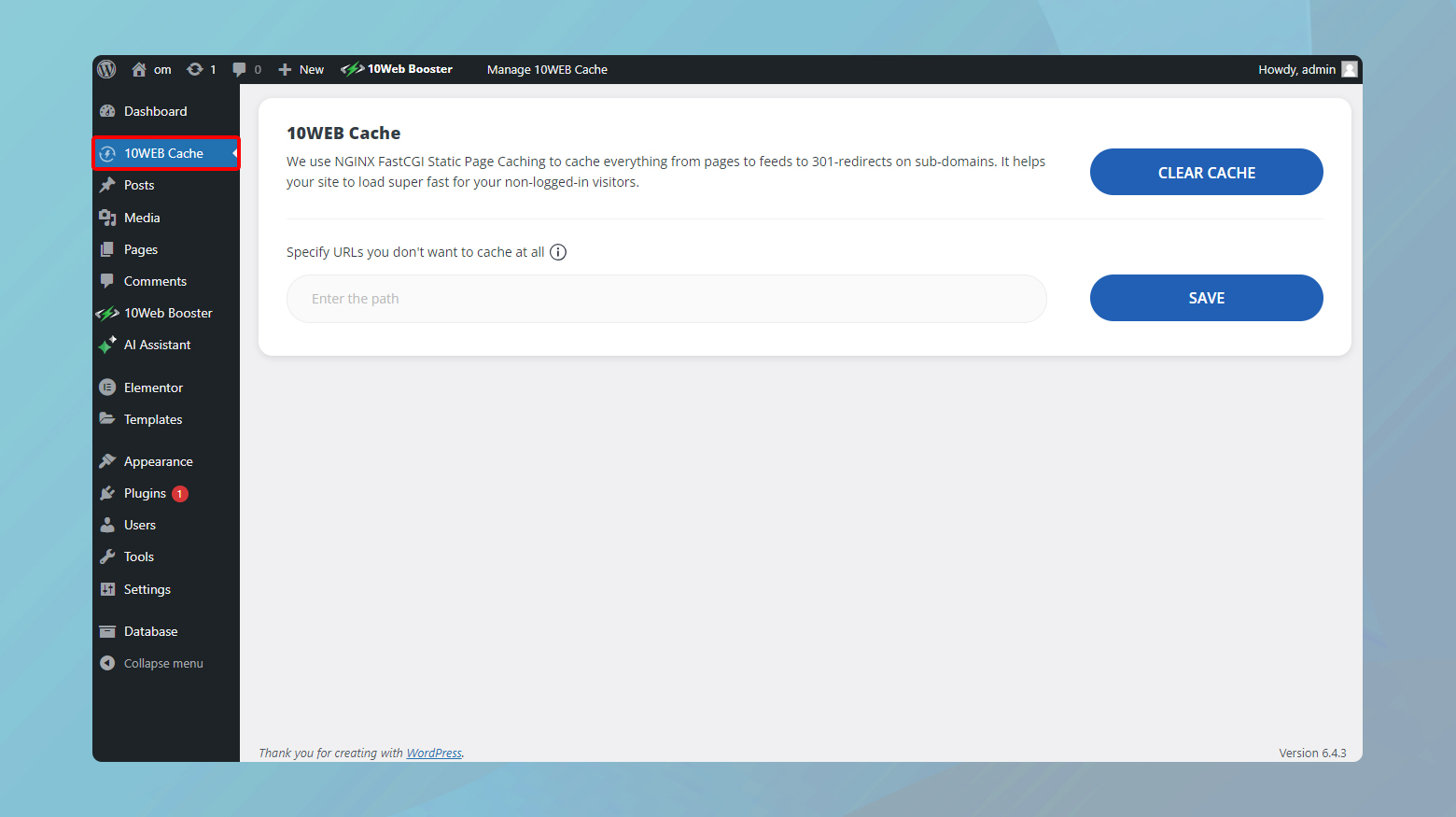 10Web Cache in WP dashboard
