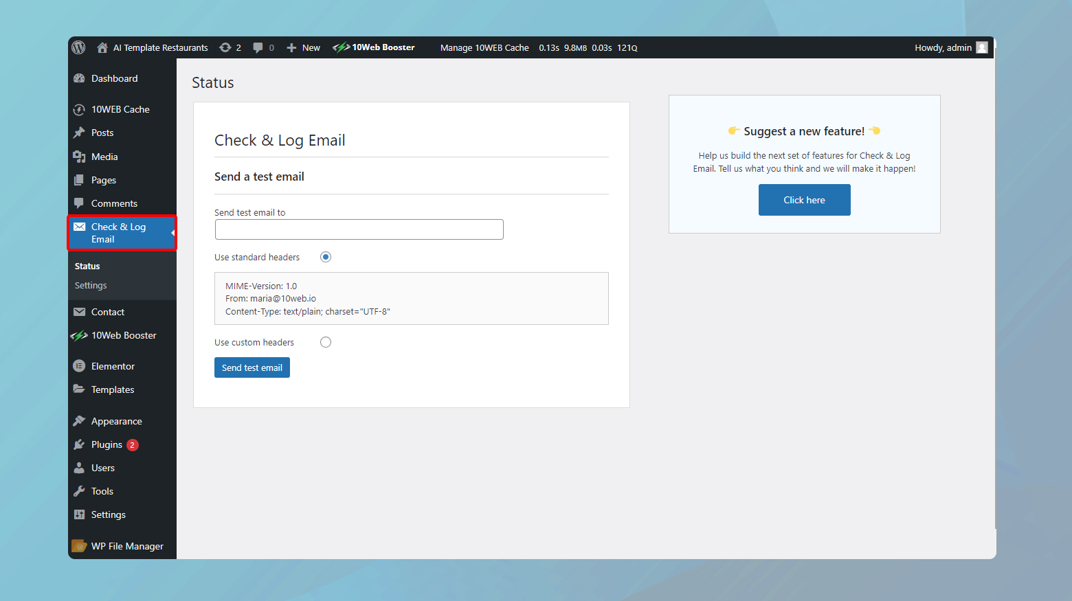 Check and log plugin in WordPress sending a test email.