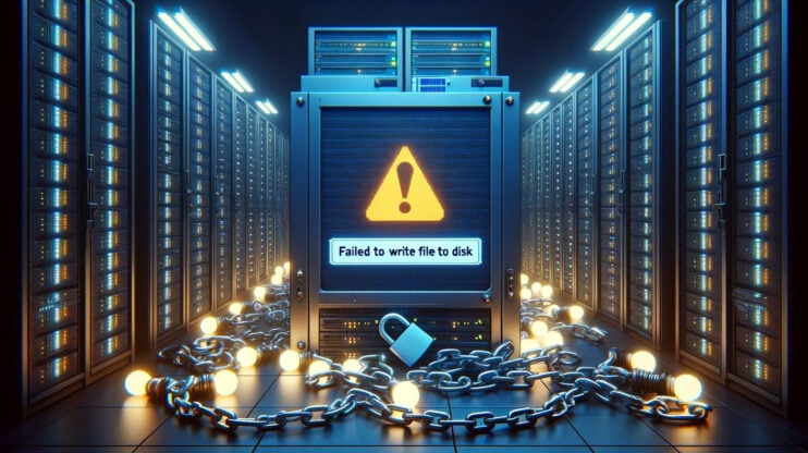 Image of a server with the error message "Failed to write to disk"