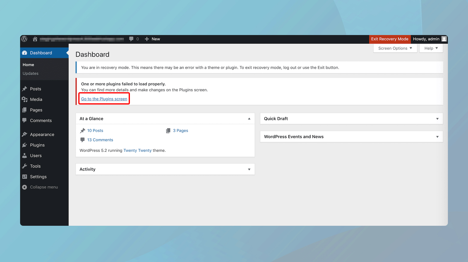 Recovery mode link to plugins