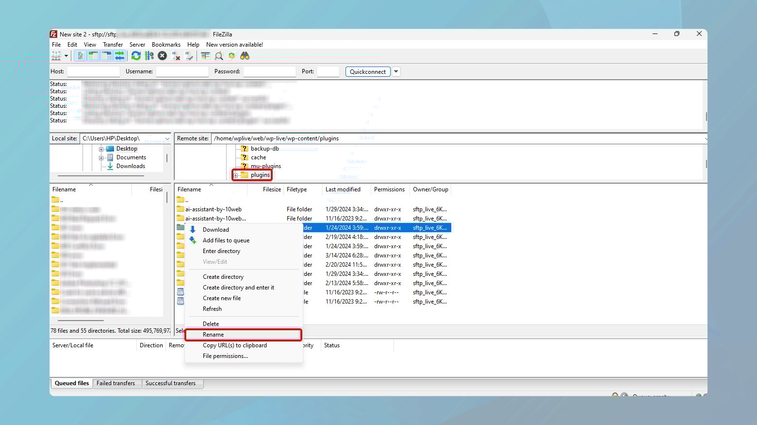 Renaming a plugin folder in FTP.