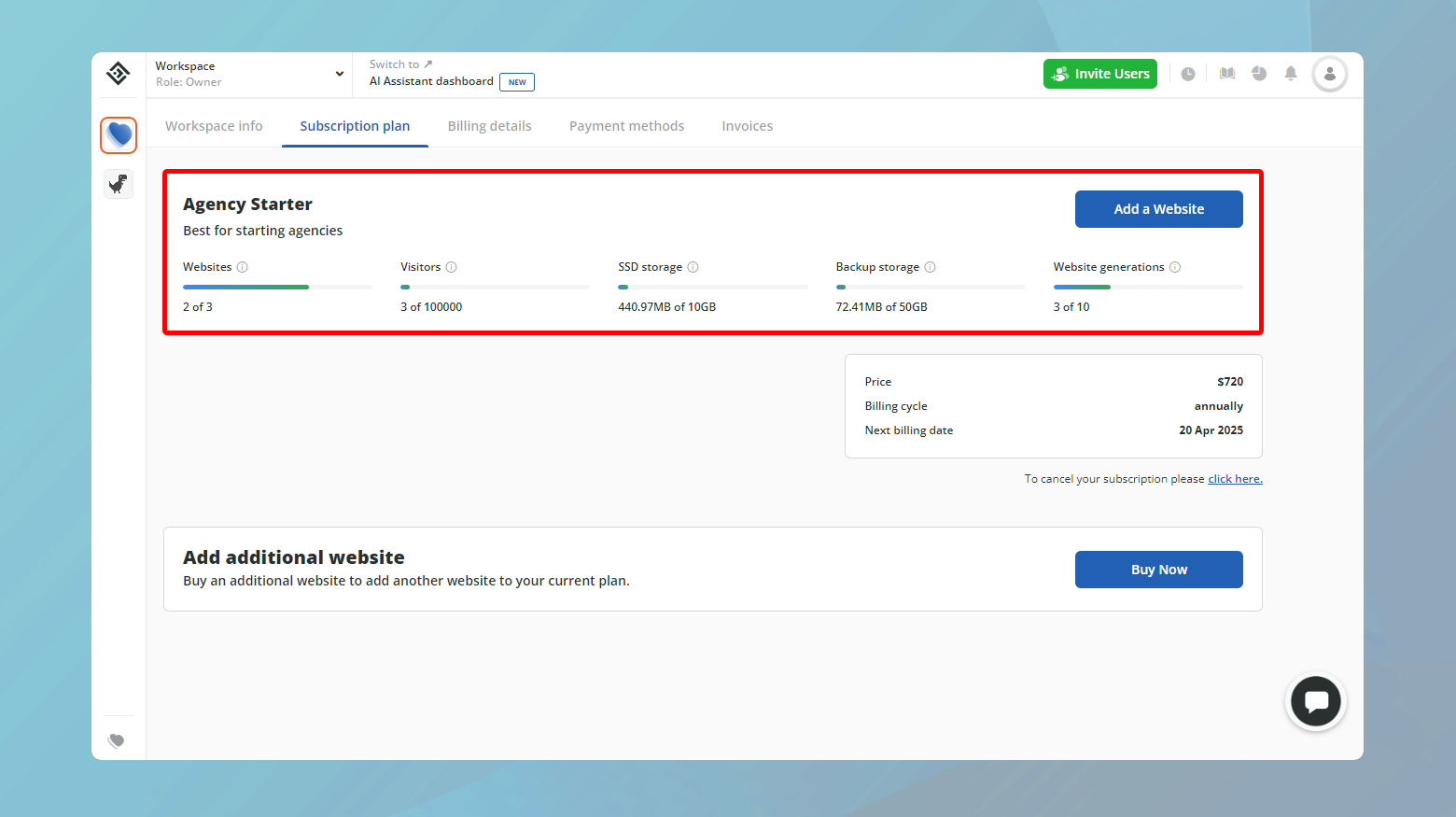 The subscription plan page in the 10Web dashboard. 
