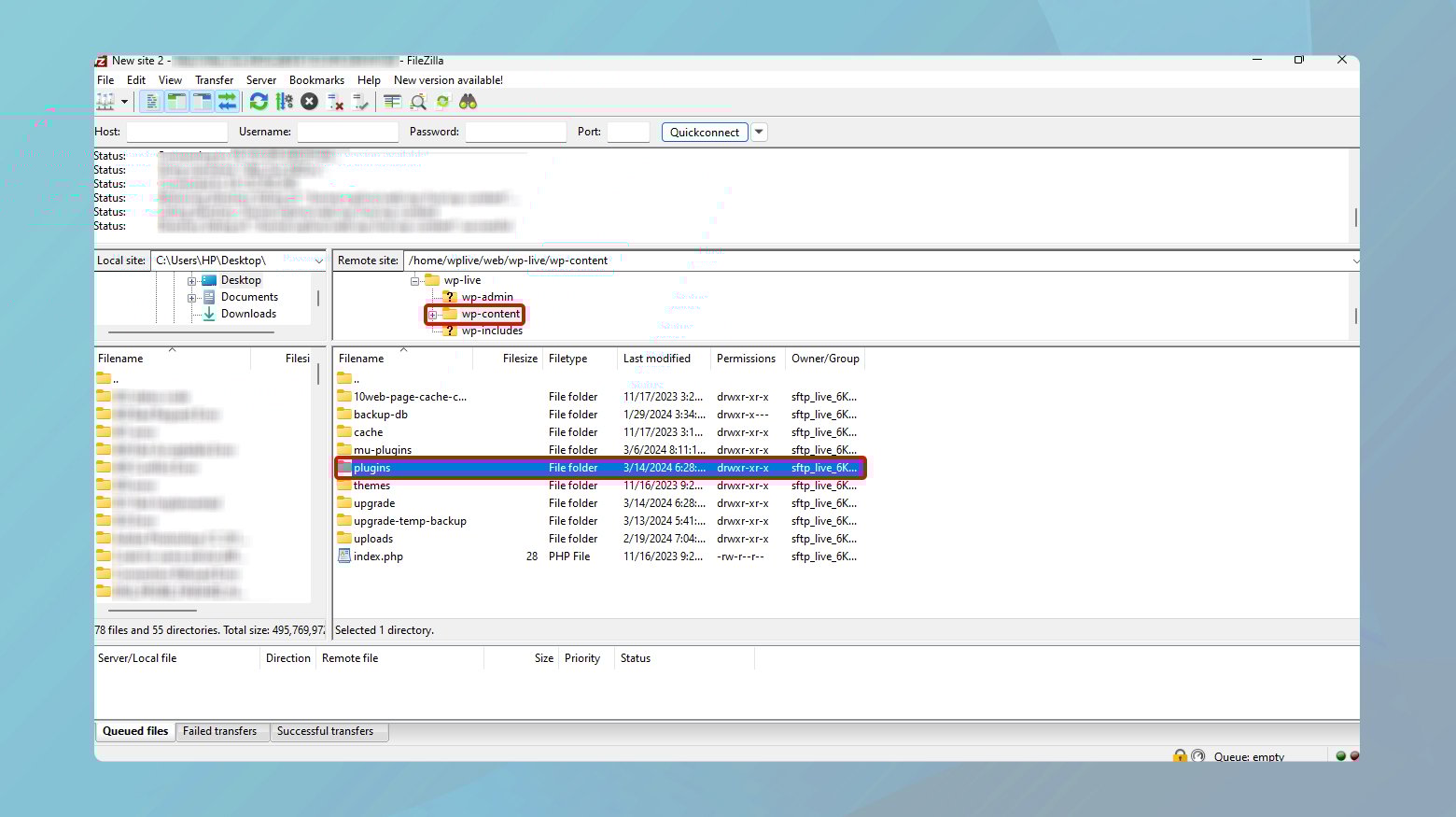 WP content and plugins folder in FTP