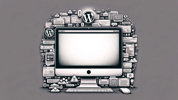 WordPress White Screen of Death. A computer with a white screen with the WordPress logo on top of the screen.