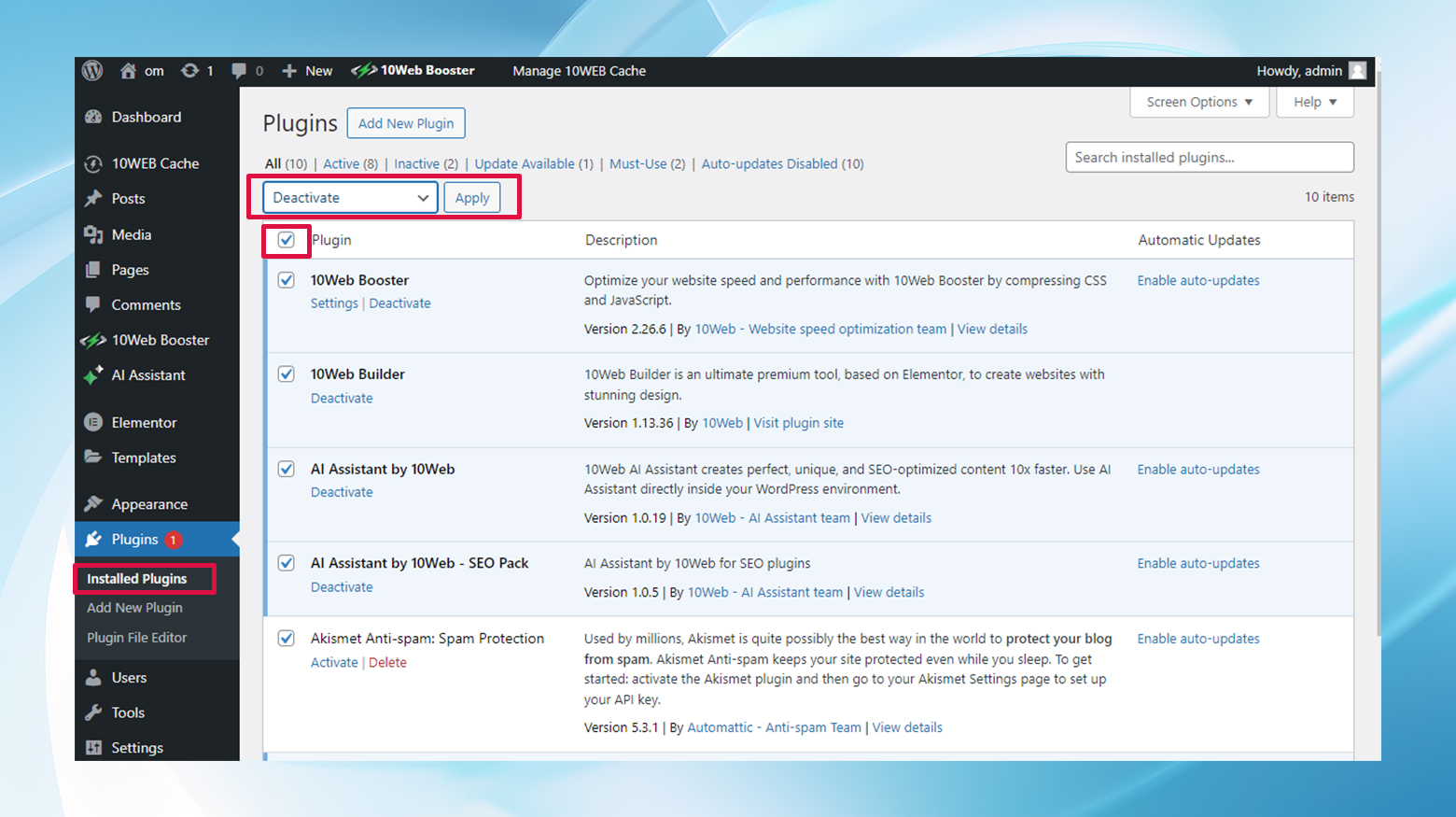 Deactivating plugins from the WordPress dashboard: plugins, installed plugins. The select all checkbox and the deactivate option in the drop down menu are highlighted.