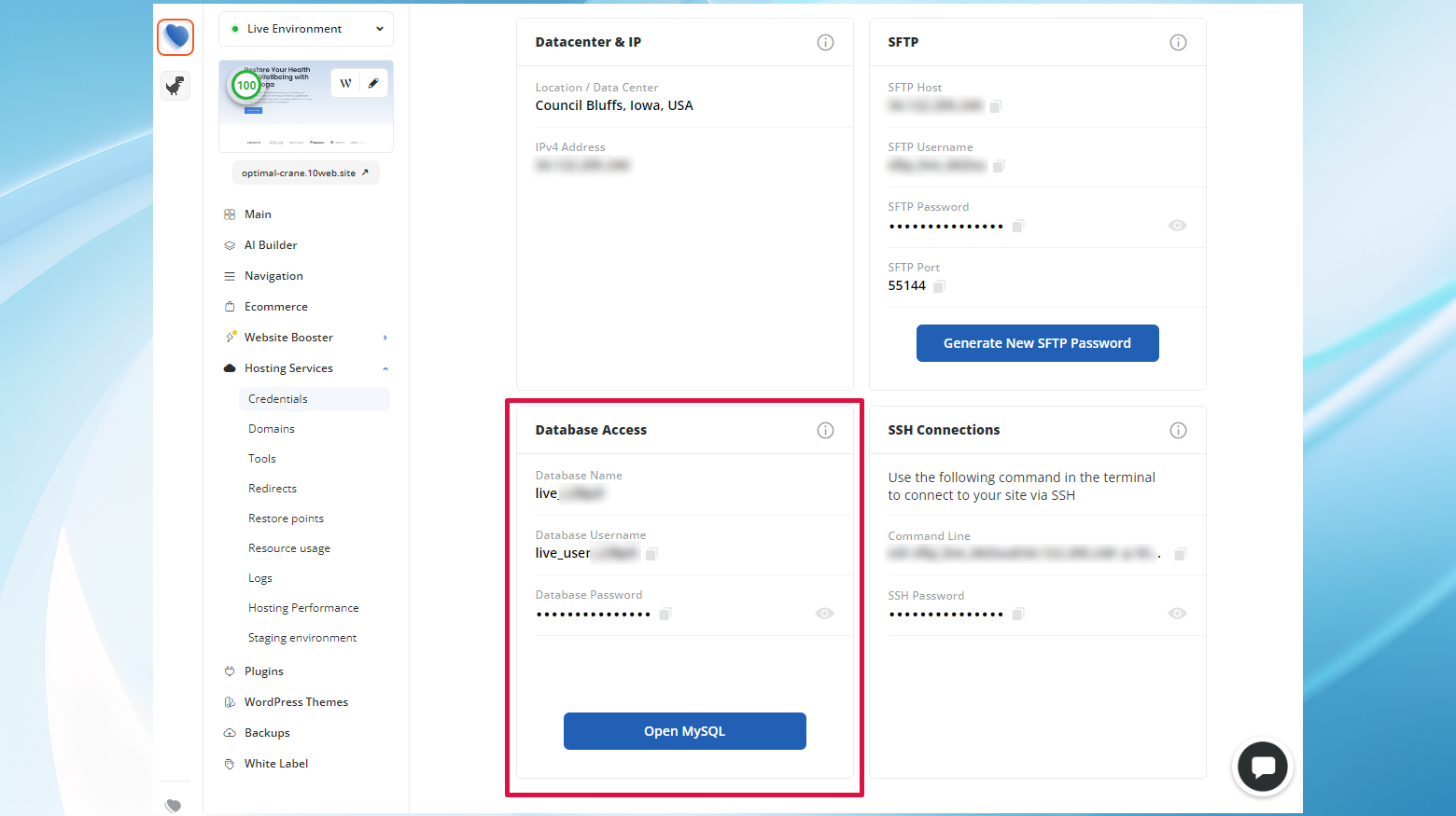 Accessing phpmyadmin through the 10Web dashboard's Database Access section in Hosting services, credentials.