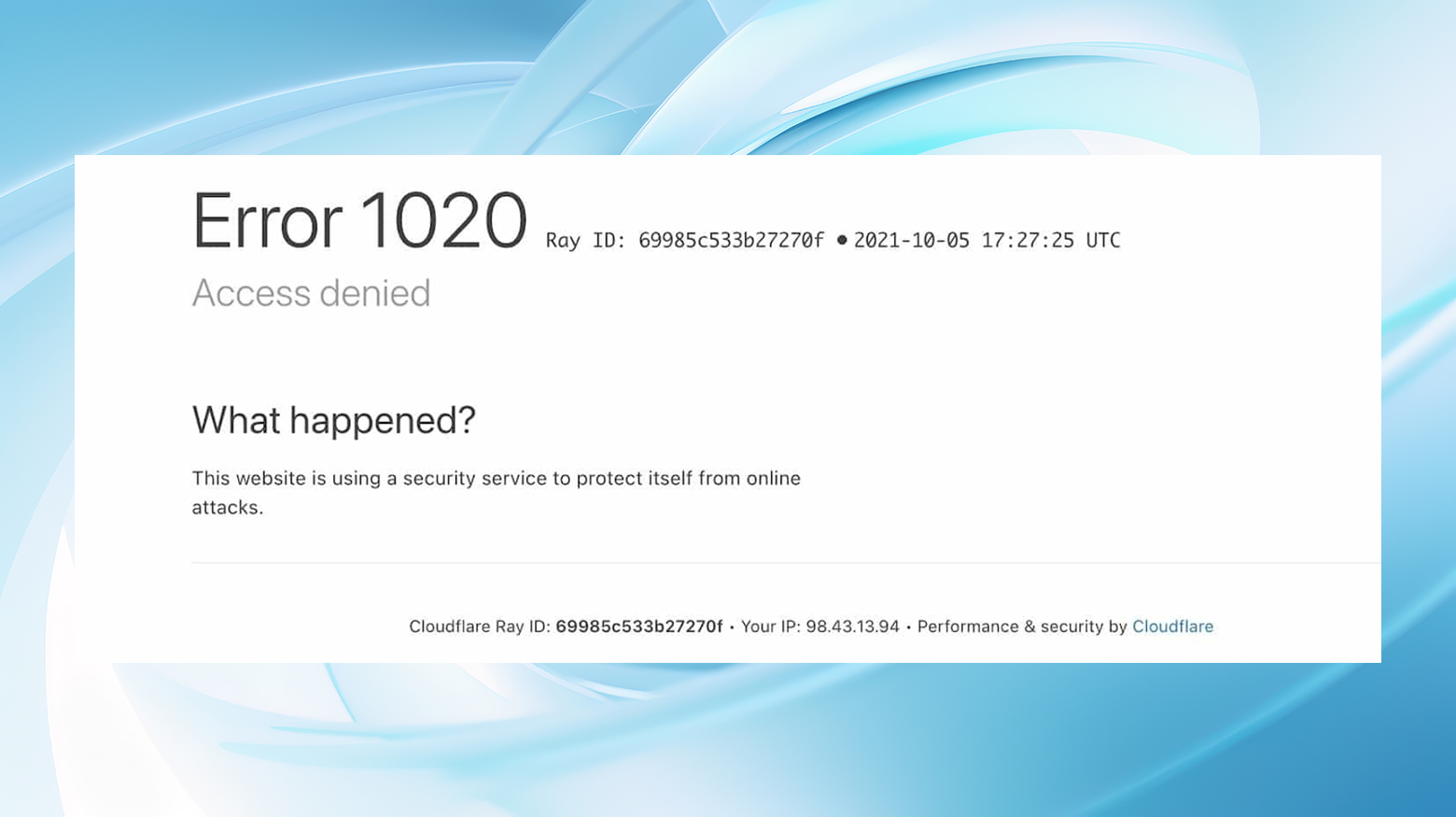 Error code 1020 as it appears with a Cloudflare Ray ID and time stamp.