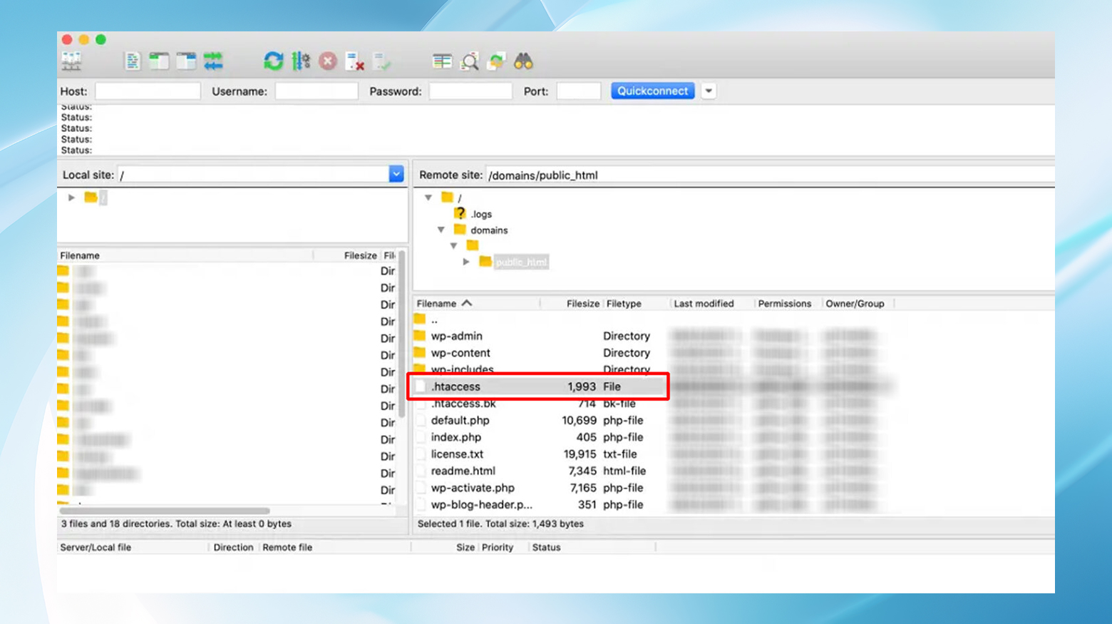 Locating the htaccess file in an ftp client.