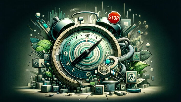 This image is designed to encapsulate the concept of the 'max_execution_time' WordPress error, emphasizing the theme of timing and digital safeguards. It abstractly visualizes the urgency of script execution time limits within a WordPress context, using a palette that underscores both caution and the digital environment. A clock and stop sign feature prominently.
