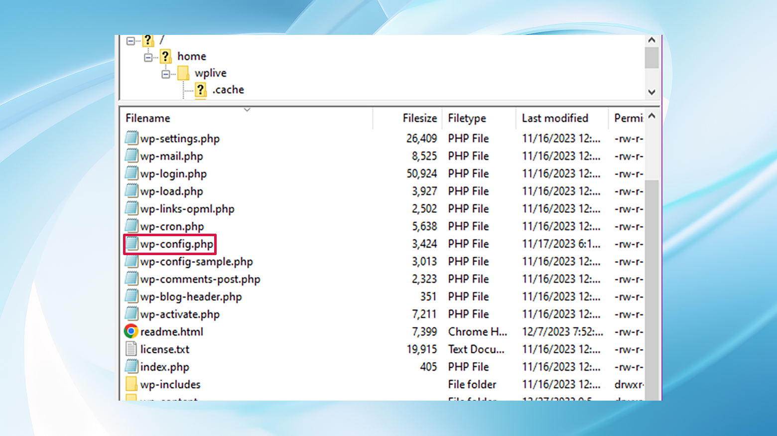 The wp-config.php file appears in the list of website files as viewed from an FTP client.