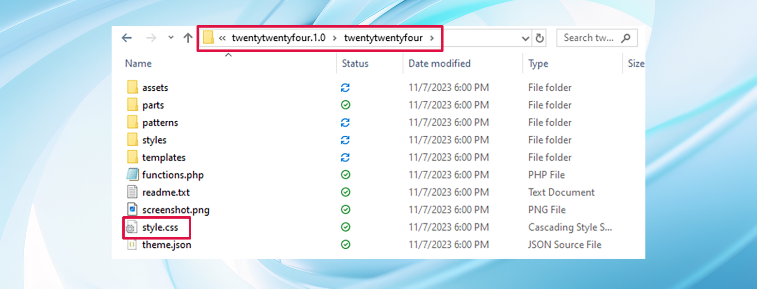 The theme's style.css file at the root of the theme's folder the the file explorer window.