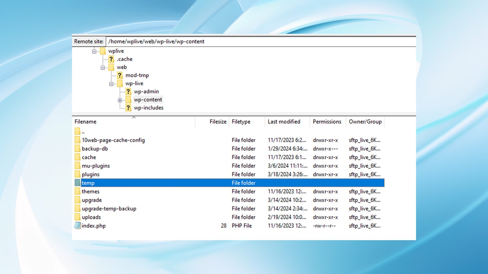 A new temporary folder located inside the wp-content directory is shown in an FTP client.