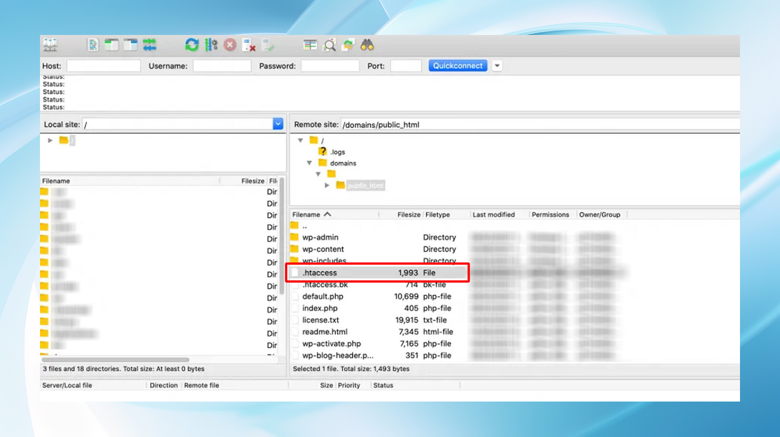 FileZilla showing .htaccess file highlighted among a WordPress website's files.