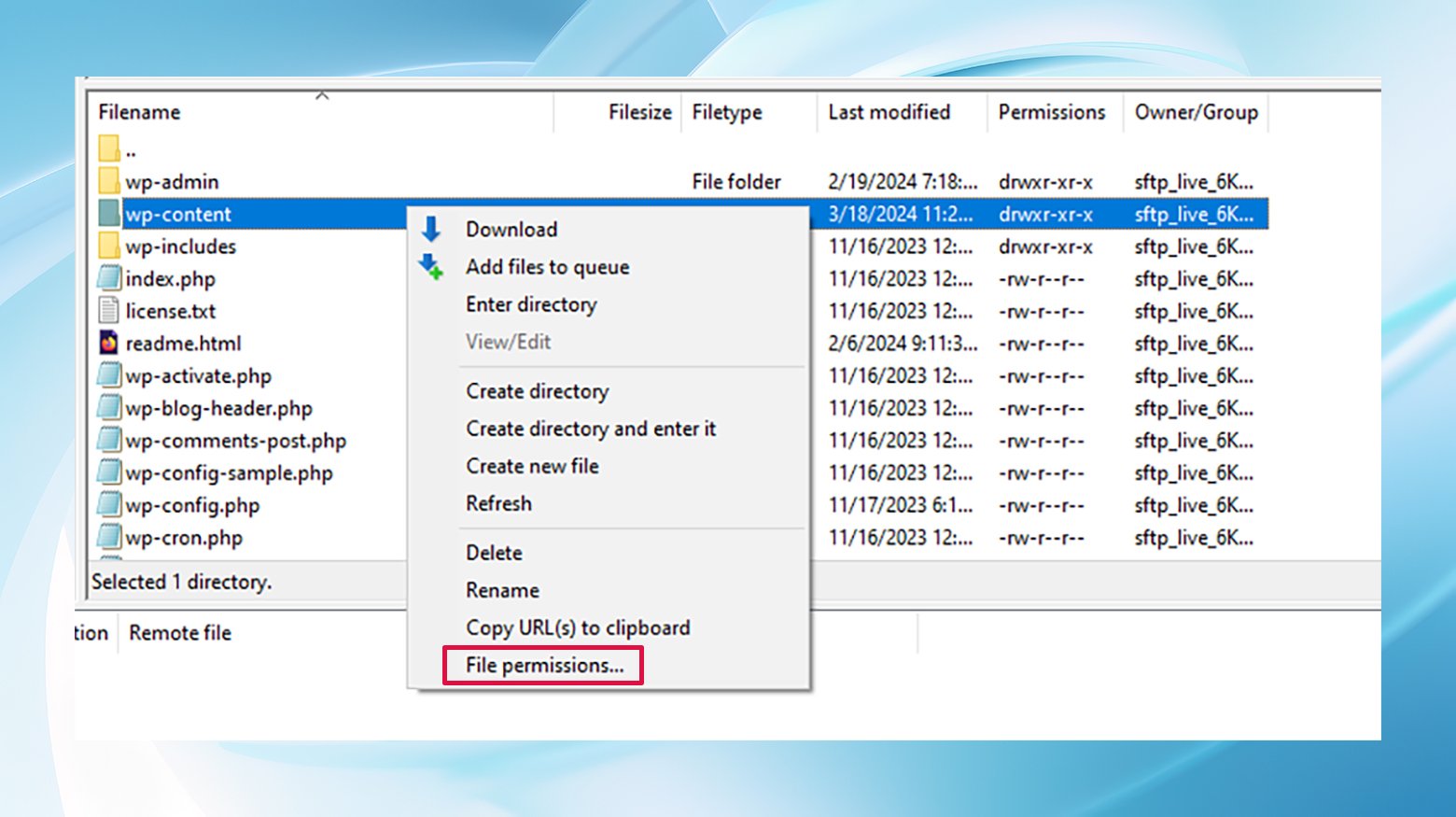 The wp-content folder with a right-click menu displaying the highlighted file permissions option in FileZilla.