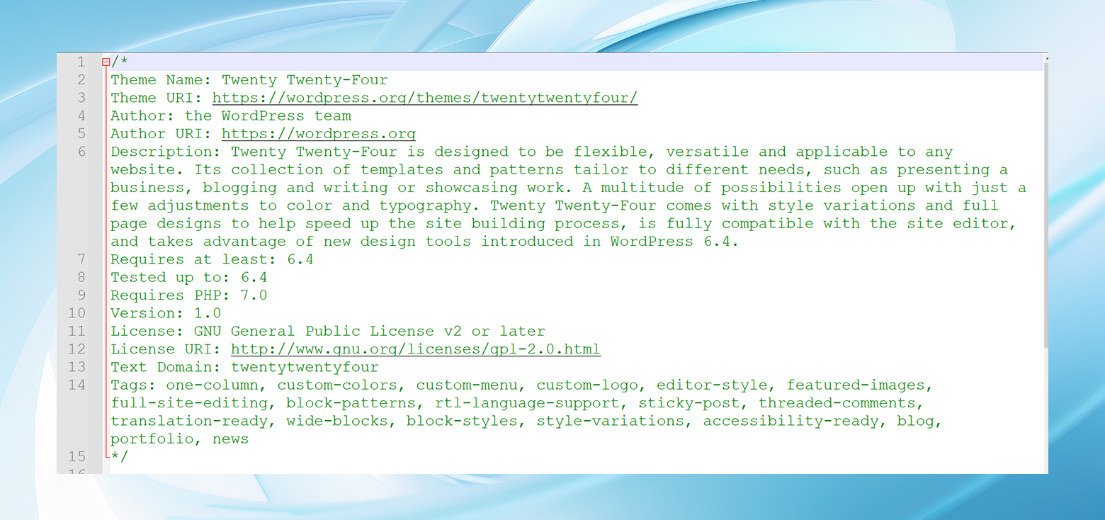 A theme's style.css in a text editor with the theme's identifying information displayed. Twenty Twenty-Four in this example.