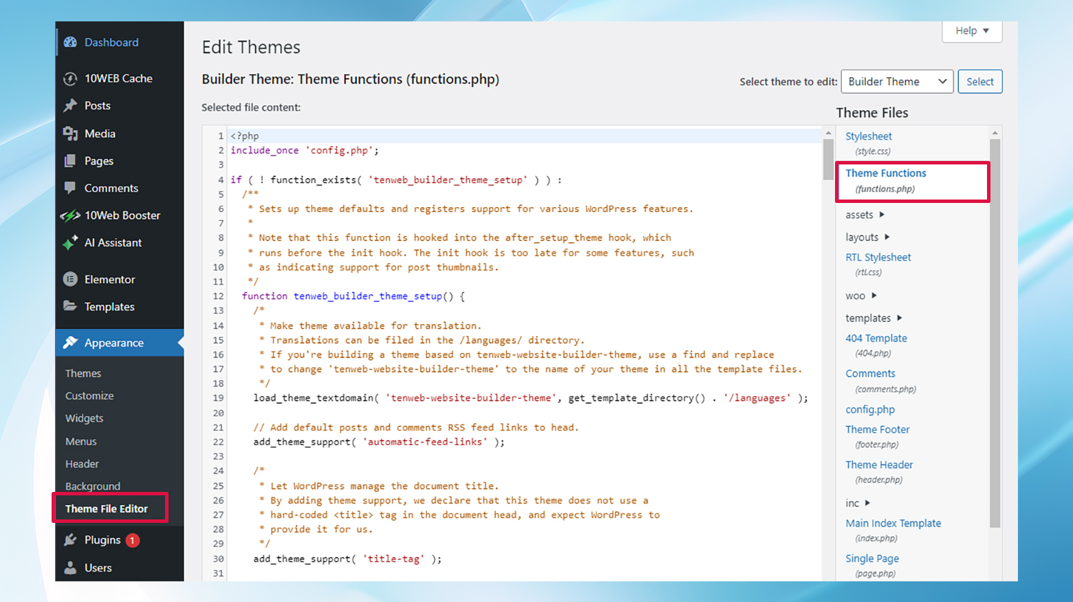 Appearance, Theme File Editor in the WordPress admin displaying the theme's functions.php file.