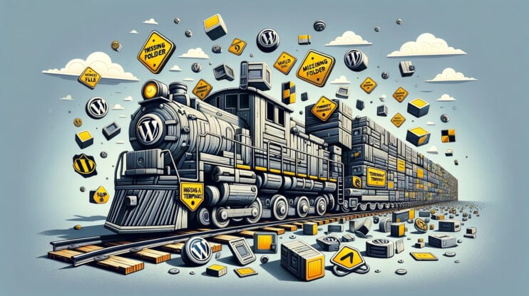 Visually conveys the issue of WordPress facing the 'missing a temporary folder' error due to PHP configuration problems. It creatively represents the WordPress platform as a train halted in its tracks, surrounded by symbols of halted uploads and updates, highlighting the importance of the temporary folder for WordPress operations.