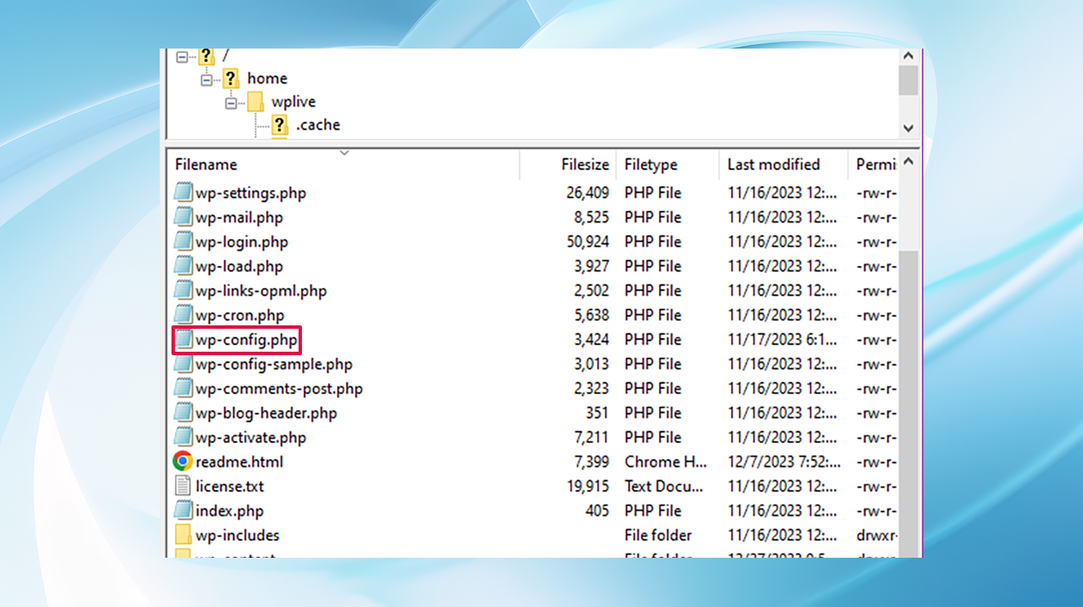 The wp-config.php file is displayed in an FTP client alongside the other WordPress files and folders.