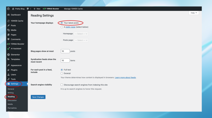 Tu página de inicio se muestra en los ajustes de lectura