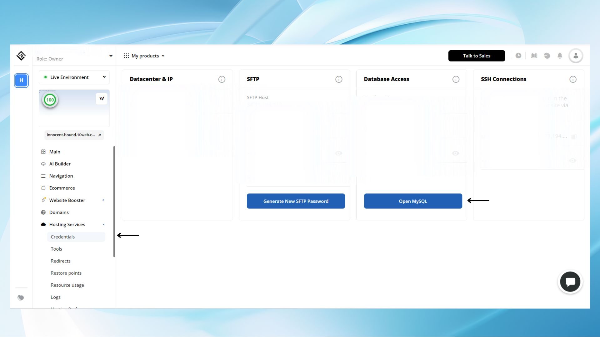 10Web dashboard database