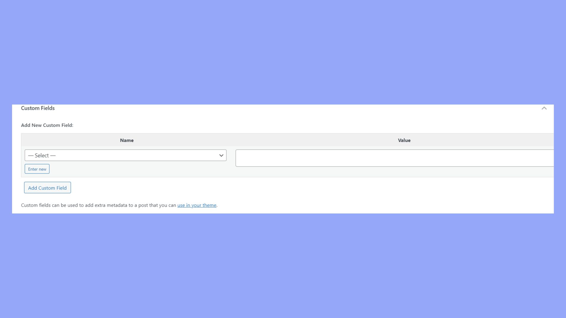 WP Custom Field area > Enter New.