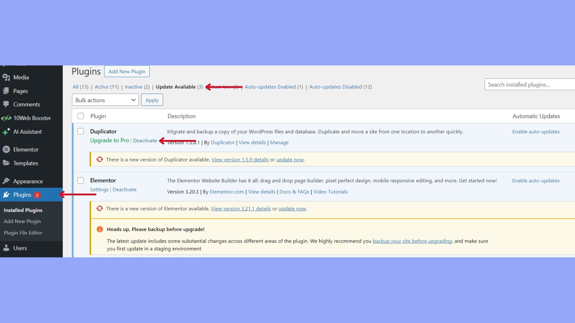 Deactivate plugins from WP dashboard.